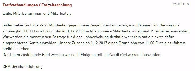 Meldung der Geschäftsführung aus dem Intranet der CFM.
